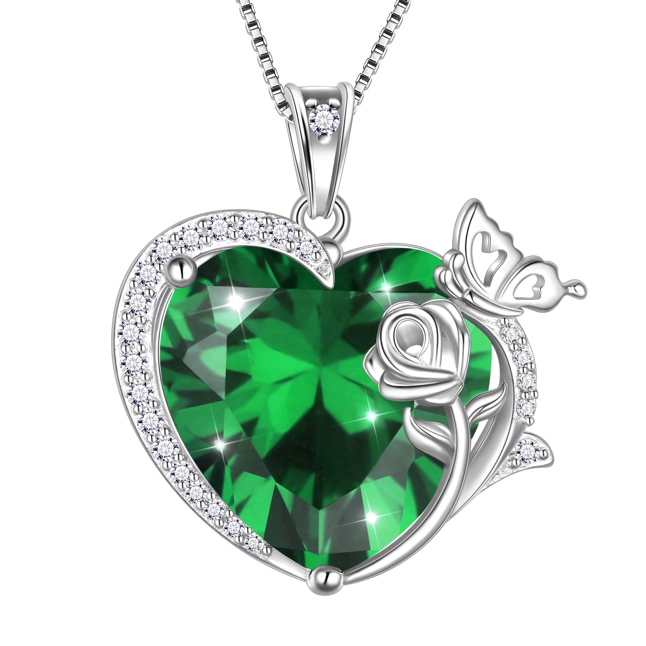 Women Heart Necklace Butterfly Rose Flower Pendant May Birthstone Emerald Green 925 Sterling Silver Jewelry Mother's Day Gift for Mom Grandma - Aurora Tears