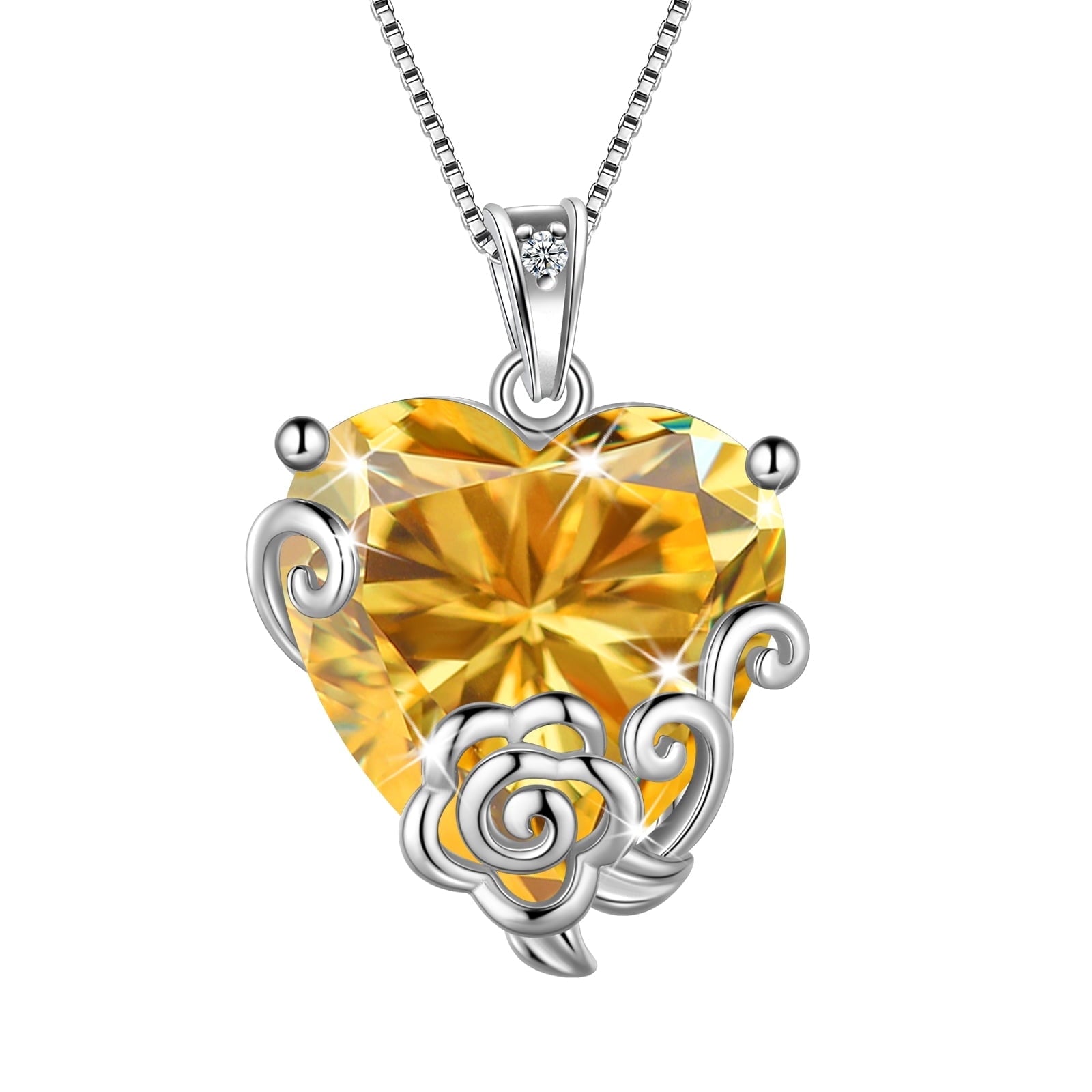 Women Heart Necklace November Birthstone Citrine Jewelry Yellow 925 Sterling Silver Rose Flower Pendant Christmas Birthday Gifts for Mother - Aurora Tears