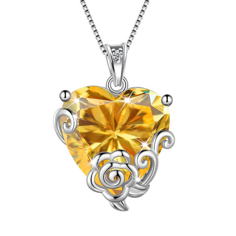 Women Heart Necklace November Birthstone Citrine Jewelry Yellow 925 Sterling Silver Rose Flower Pendant Christmas Birthday Gifts for Mother - Aurora Tears