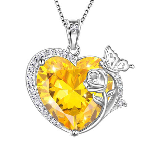 Women Necklace Butterfly Rose Flower Heart Pendant November Birthstone Citrine Yellow Jewelry 925 Sterling Silver Mom Christmas Birthday Gift - Aurora Tears