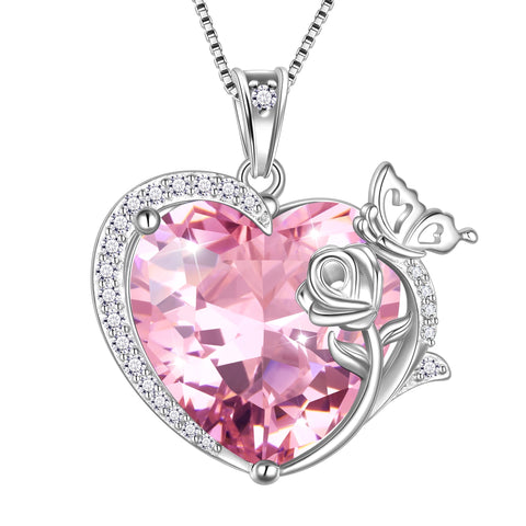 Women Heart Necklace Butterfly Rose Flower Pendant October Birthstone Tourmaline Pink Jewelry 925 Sterling Silver Mother Wife Girlfriend Valentines Gift - Aurora Tears