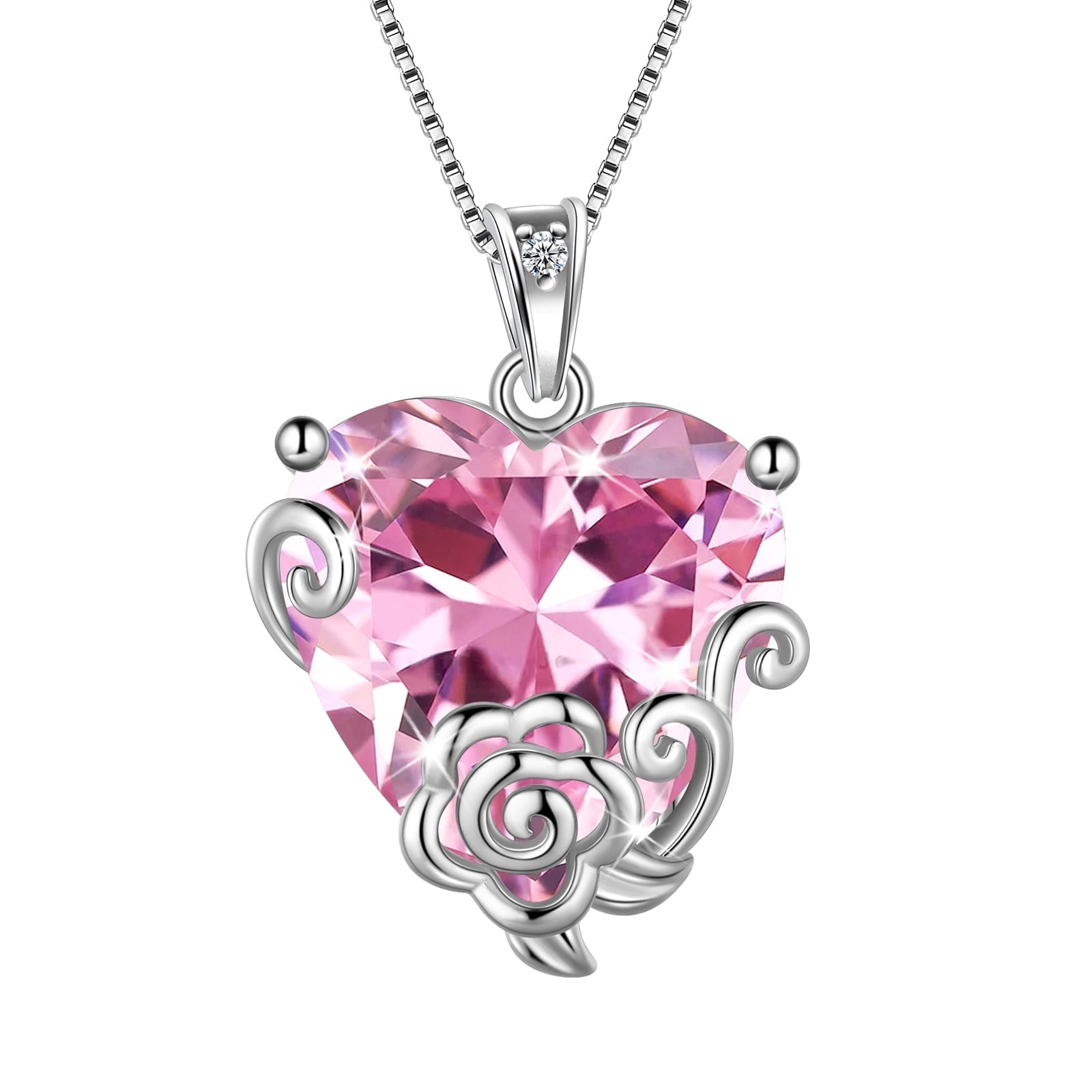 Women Heart Necklace October Birthstone Tourmaline Jewelry Pink 925 Sterling Silver Rose Flower Pendant Birthday Christmas Valentine's Day Gifts - Aurora Tears