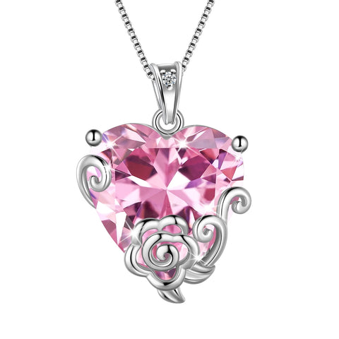 Women Heart Necklace October Birthstone Tourmaline Jewelry Pink 925 Sterling Silver Rose Flower Pendant Birthday Christmas Valentine's Day Gifts - Aurora Tears