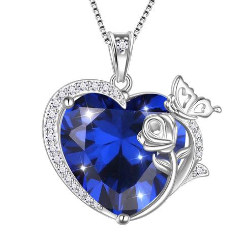 Women Heart Necklace Butterfly Rose Flower Pendant September Birthstone Blue Sapphire Jewelry 925 Sterling Silver Grandma Mother's Day Gift - Aurora Tears