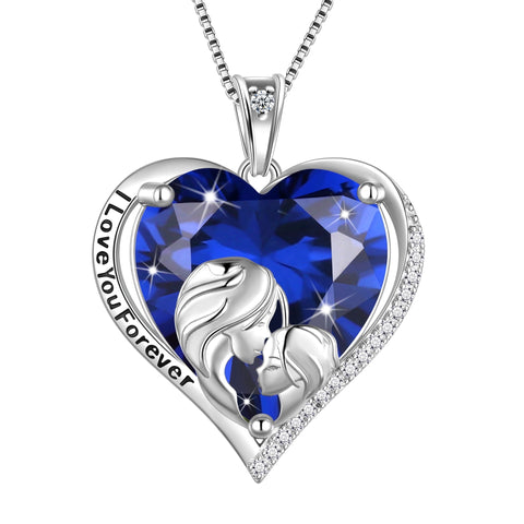 Women Heart Necklace for Mom Daughter 925 Sterling Silver Blue Sapphire Birthstone Jewelry Charm September Birthday Christmas Mother's Day Gift for Her - Aurora Tears