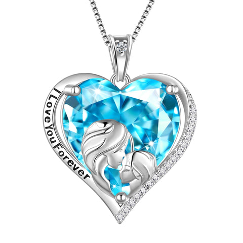 Women Heart Necklace for Mother Daughter 925 Sterling Silver Blue Aquamarine Birthstone Pendant Jewelry Mom March Birthday Mother's Day Gift - Aurora Tears