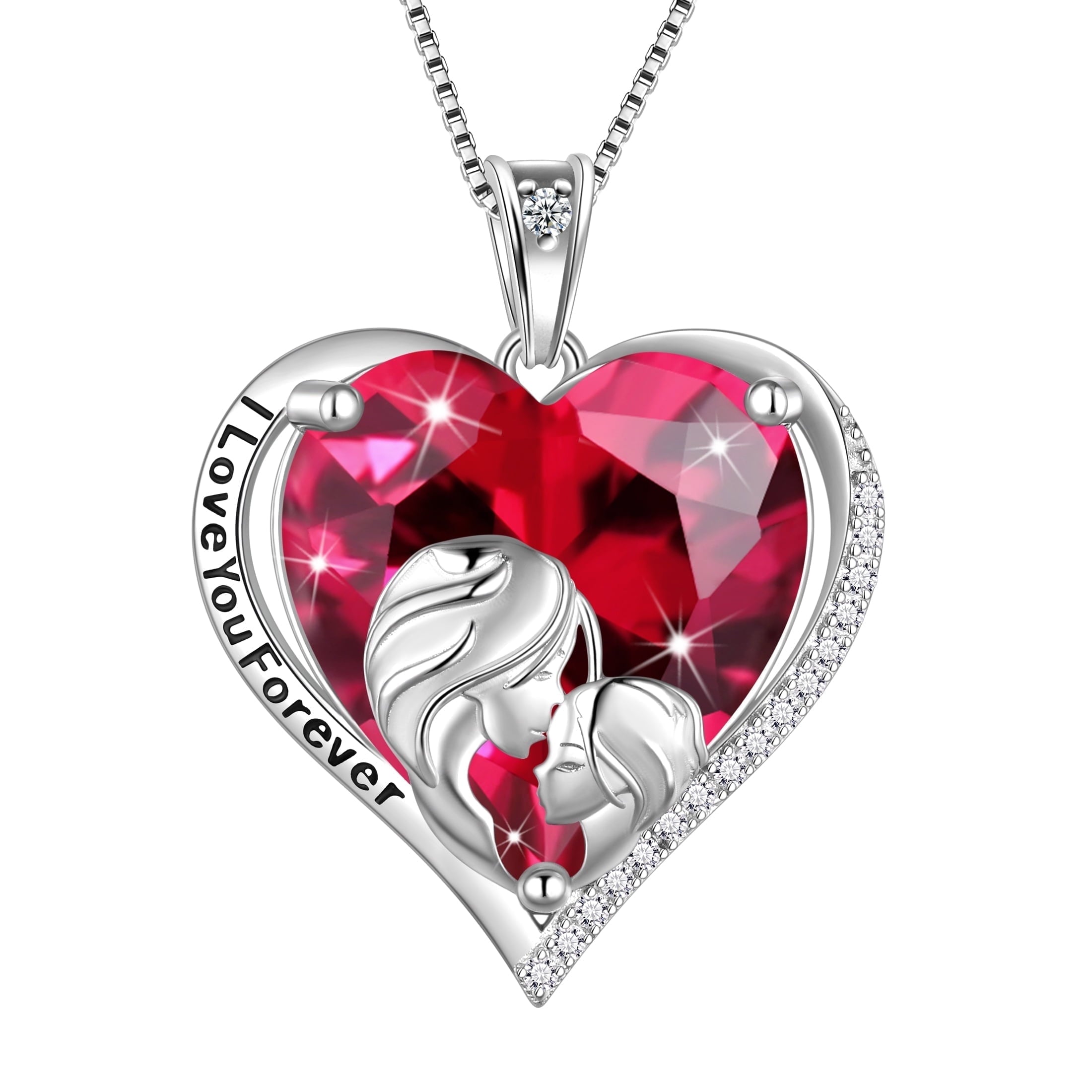 Women Heart Necklace for Mother Daughter 925 Sterling Silver CZ Ruby Birthstone Pendant Jewelry July Birthday Christmas Mother's Day Gift - Aurora Tears