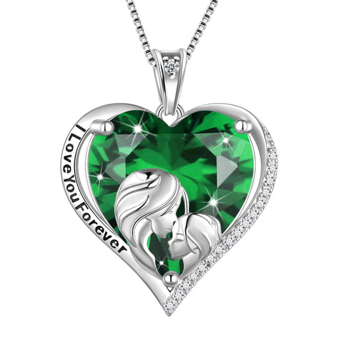 Women Heart Necklace for Mother Daughter Sister 925 Sterling Silver Green Emerald Birthstone Pendant Jewelry May Birthday Mother's Day Gift - Aurora Tears