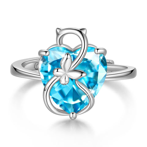 Women Heart Ring 925 Sterling Silver Butterfly March Birthstone Aquamarine Blue Solitaire Ring Jewelry Birthday Gift for Cat Lover Mother - Aurora Tears
