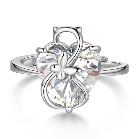 Women Heart Ring 925 Sterling Silver Cat Butterfly April Birthstone Diamond Crystal Solitaire Ring Bridal Jewelry Birthday Gift for Cat Lover - Aurora Tears