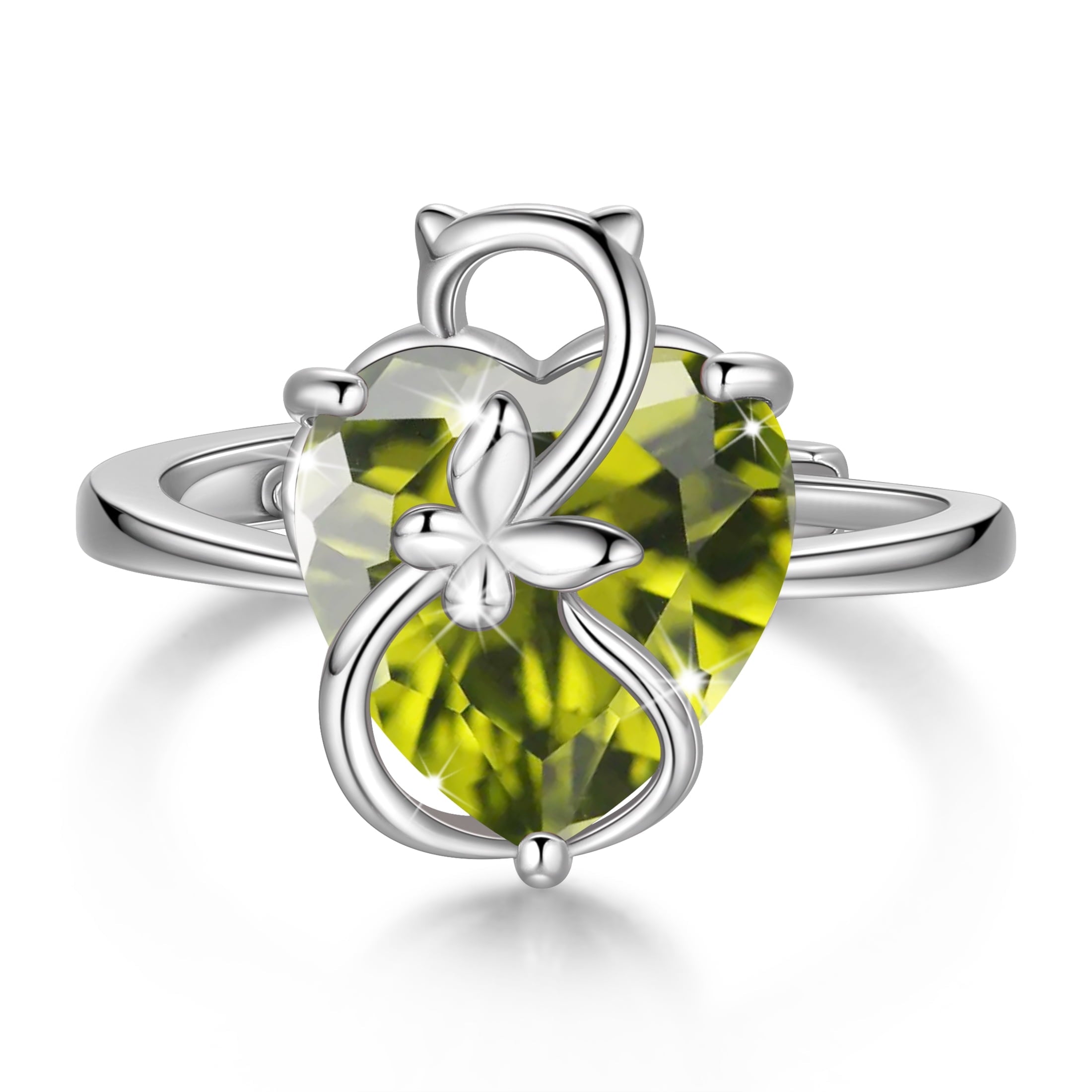 Women Heart Ring 925 Sterling Silver Cat Butterfly August Birthstone Peridot Solitaire Ring Jewelry Mom Christmas Birthday Gift - Aurora Tears