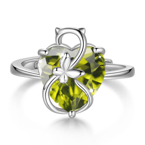 Women Heart Ring 925 Sterling Silver Cat Butterfly August Birthstone Peridot Solitaire Ring Jewelry Mom Christmas Birthday Gift - Aurora Tears