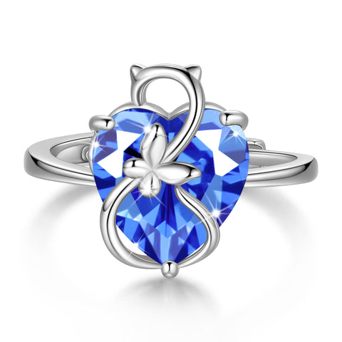Women Heart Ring 925 Sterling Silver Cat Butterfly December Birthstone Tanzanite Blue Solitaire Ring Jewelry Mom Cat Lover Christmas Birthday Gift - Aurora Tears