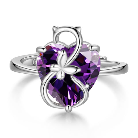 Women Heart Ring 925 Sterling Silver Cat Butterfly February Birthstone Amethyst Purple Solitaire Ring Jewelry Girlfriend Cat Lover Valentine's Day Gift - Aurora Tears