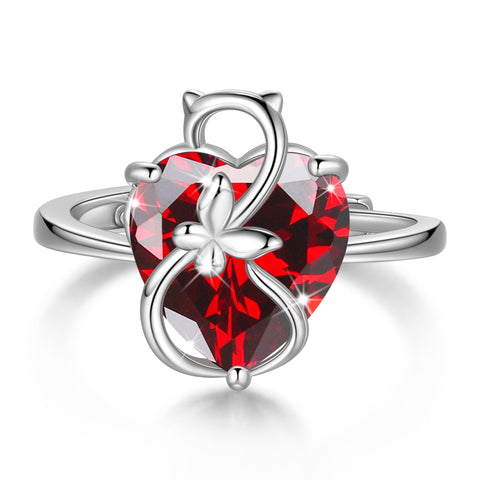 Women Heart Ring 925 Sterling Silver Cat Butterfly January Birthstone Garnet Solitaire Ring Jewelry Mother Birthday Valentine's Day Gift - Aurora Tears