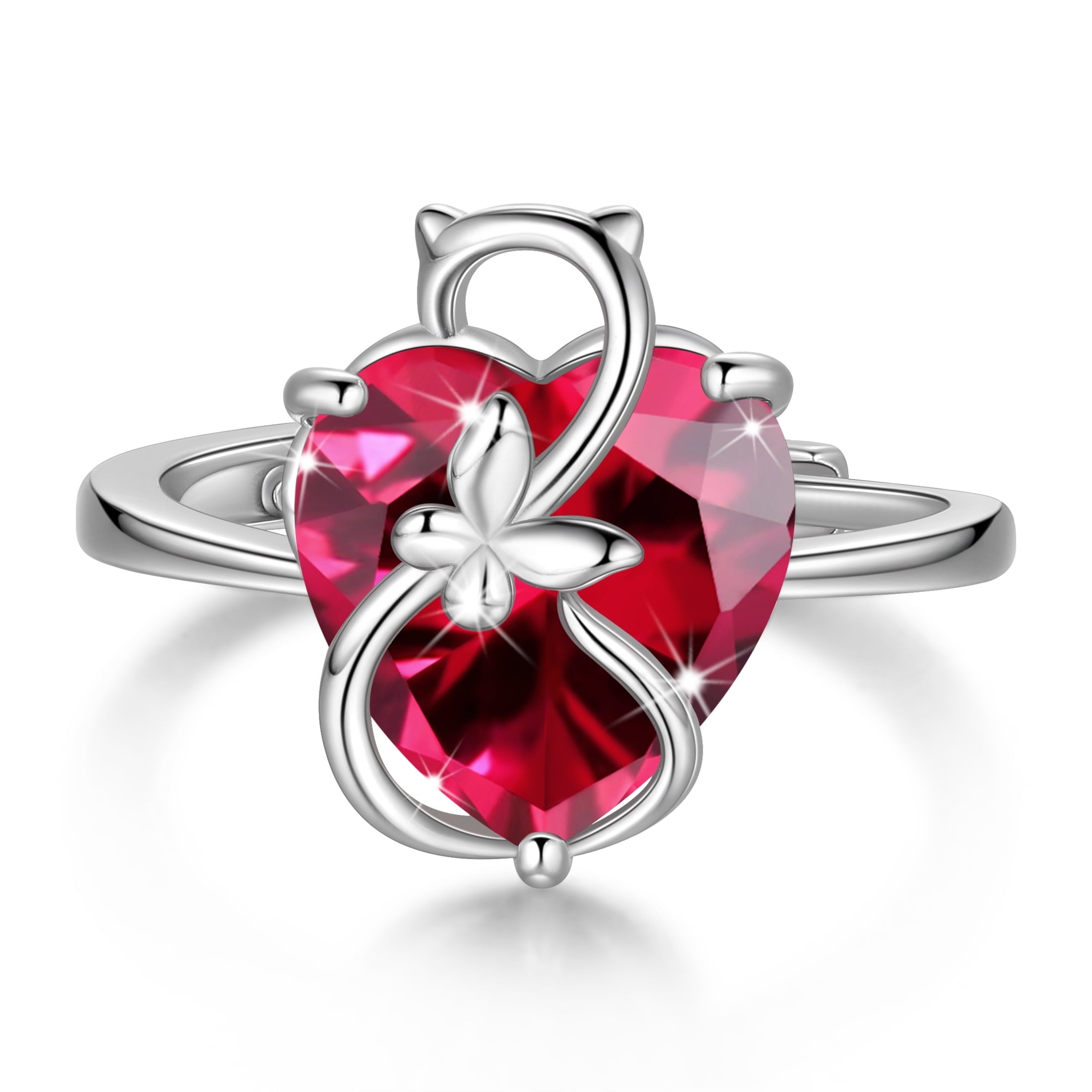Women Heart Ring 925 Sterling Silver Cat Butterfly July Birthstone Ruby Red Solitaire Ring Jewelry Mother Birthday Valentine's Day Gift - Aurora Tears