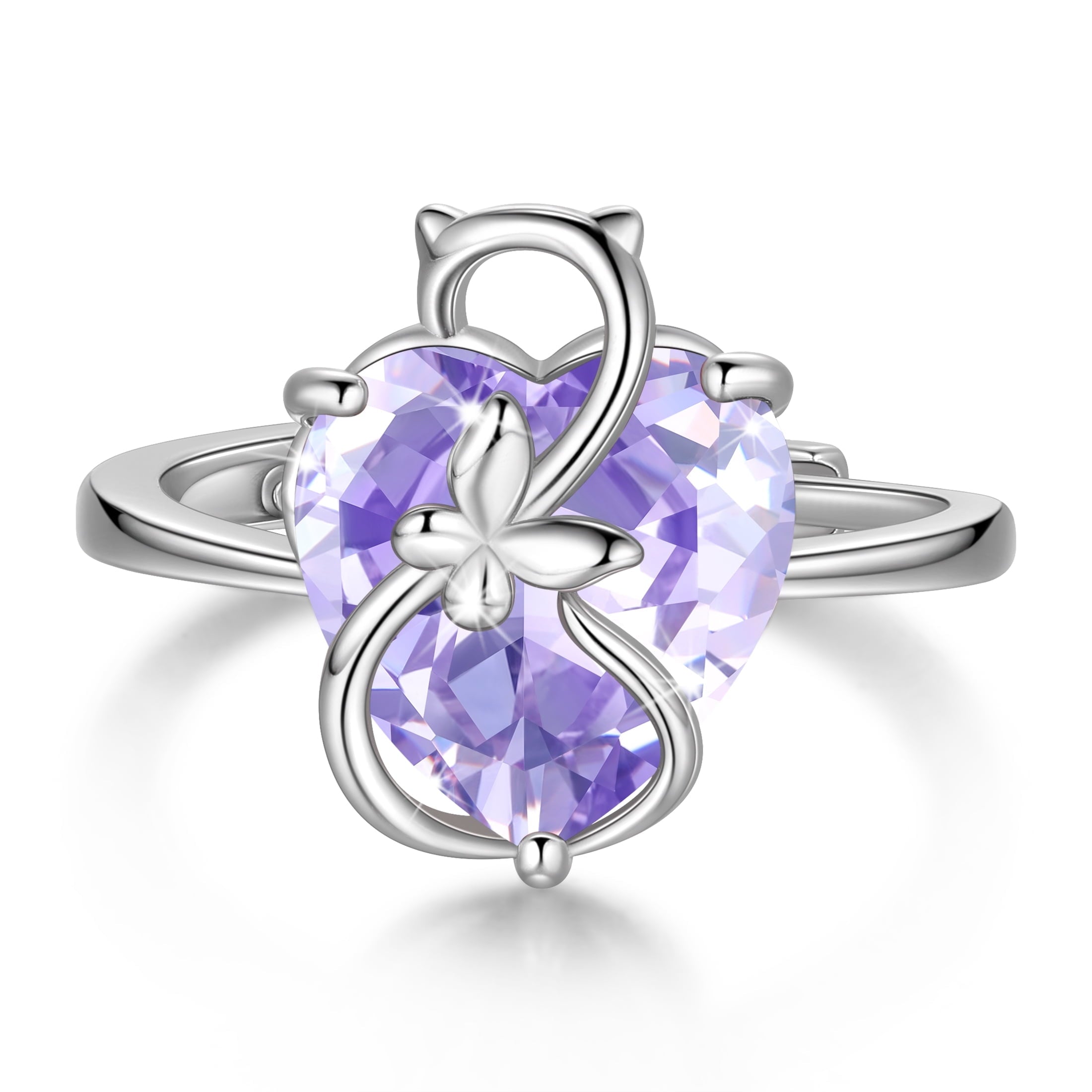 Women Heart Ring 925 Sterling Silver Cat Butterfly June Birthstone Alexandrite Solitaire Ring Jewelry Birthday Gift for Mother Cat Lover - Aurora Tears