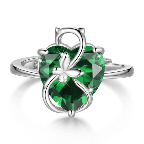 Women Heart Ring 925 Sterling Silver Cat Butterfly May Birthstone Emerald Green Solitaire Ring Jewelry Cat Lover Birthday Mother's Day Gift - Aurora Tears