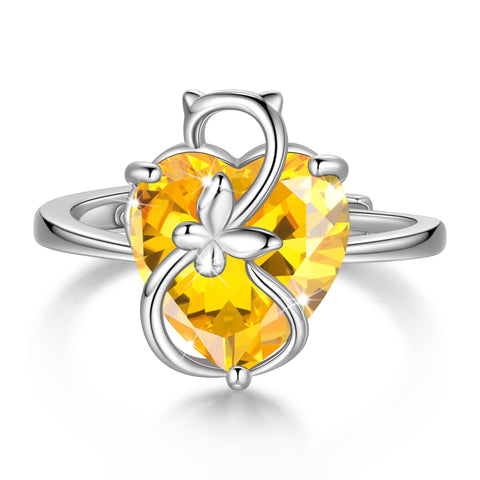Women Heart Ring 925 Sterling Silver Cat Butterfly November Birthstone Citrine Solitaire Ring Jewelry Christmas Thanksgiving Gift for Mother Cat Lover - Aurora Tears