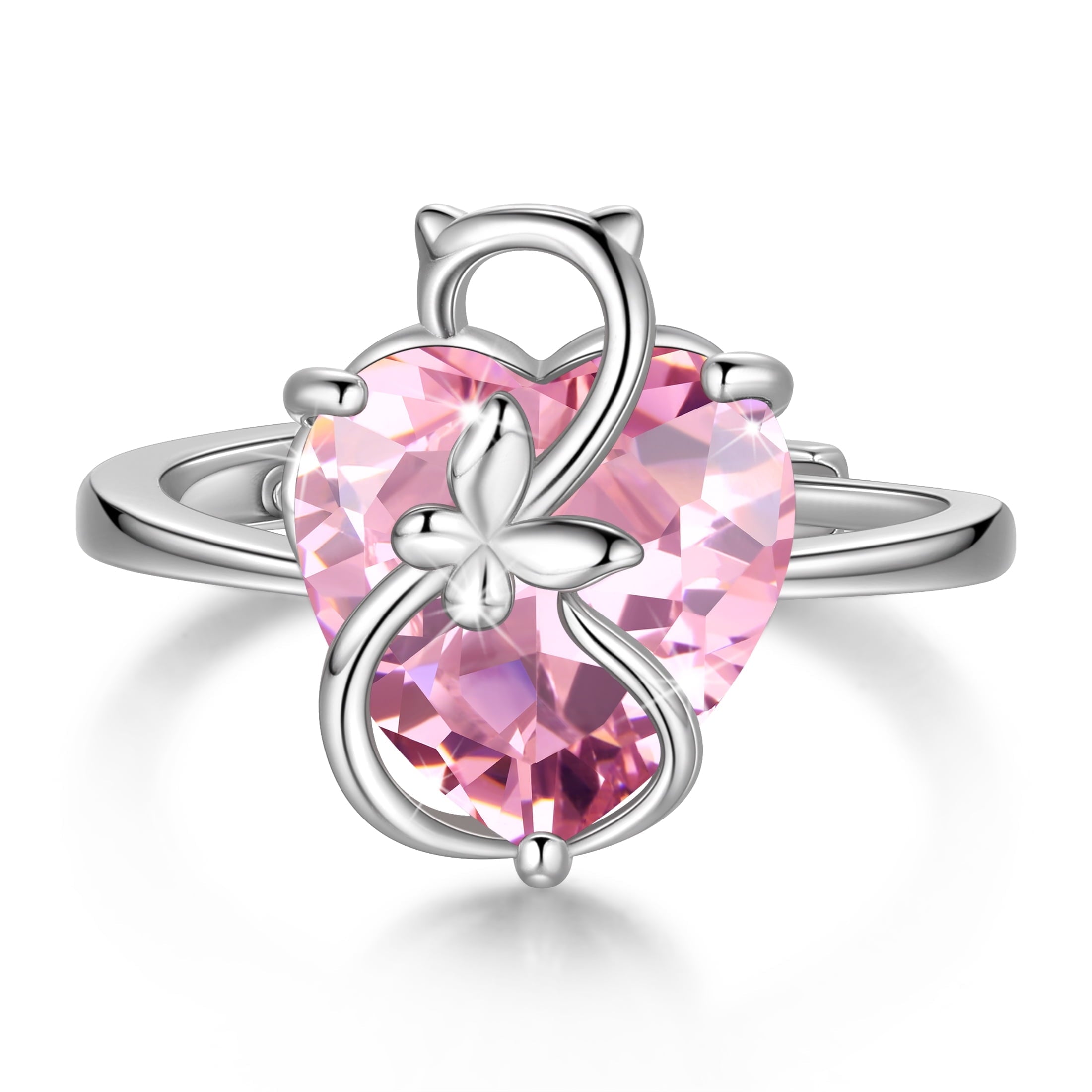 Women Heart Ring 925 Sterling Silver Cat Butterfly October Birthstone Tourmaline Pink Solitaire Ring Jewelry Mother Birthday Valentine's Day Gifts - Aurora Tears