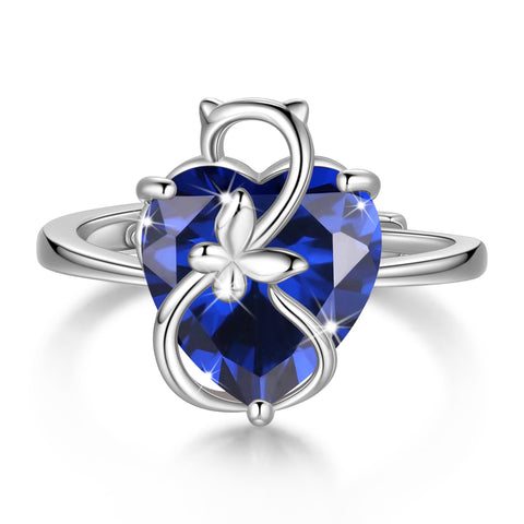 Women Heart Ring 925 Sterling Silver Cat Butterfly September Birthstone Sapphire Blue Solitaire Ring Jewelry Birthday Mother's Day Gift for Cat Lover - Aurora Tears
