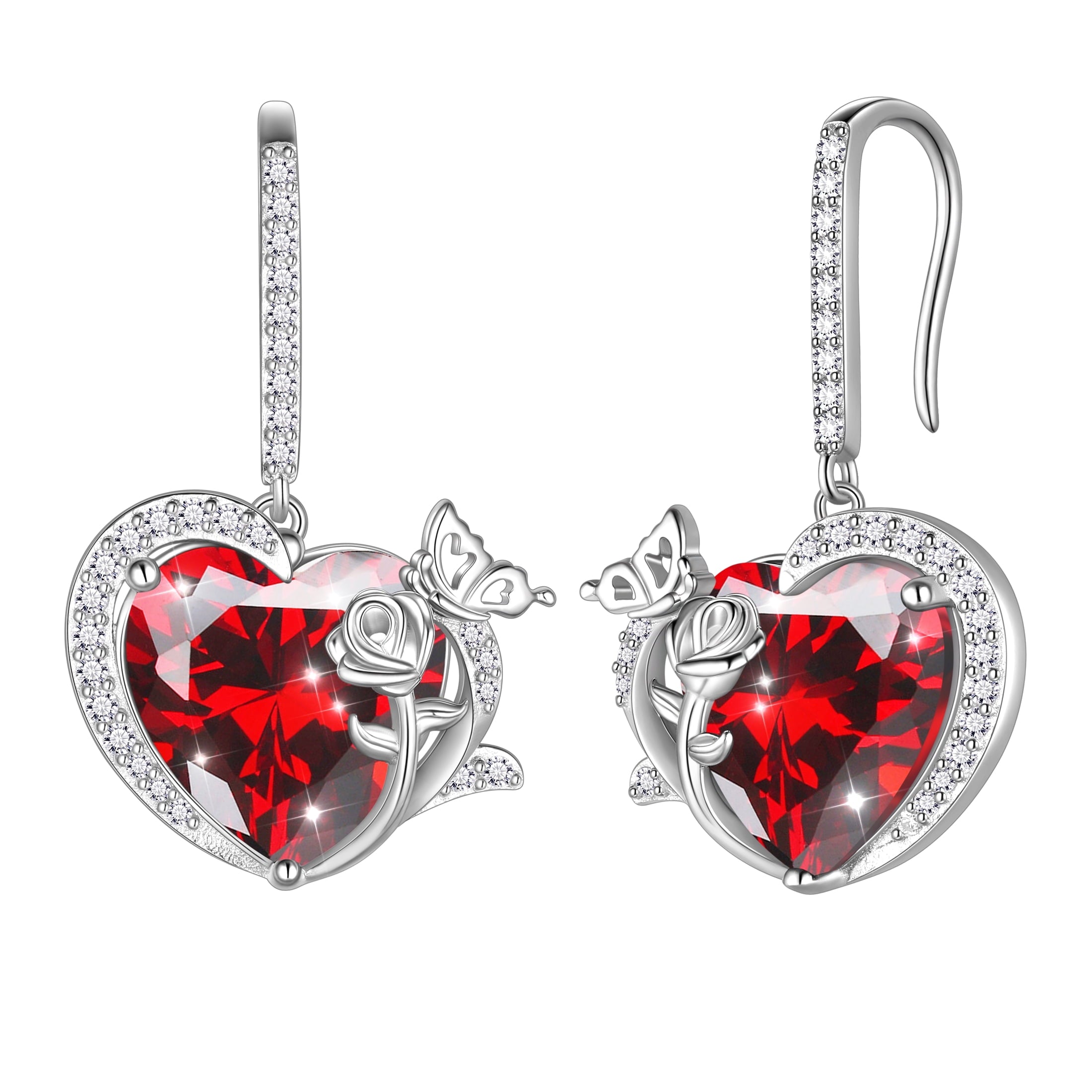 Women January Birthstone Dangle Drop Earrings Heart Garnet Red Butterfly Rose Flower 925 Sterling Silver Hook Jewelry Mom Birthday Gift - Aurora Tears