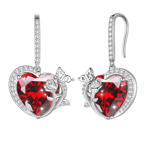Women January Birthstone Dangle Drop Earrings Heart Garnet Red Butterfly Rose Flower 925 Sterling Silver Hook Jewelry Mom Birthday Gift - Aurora Tears