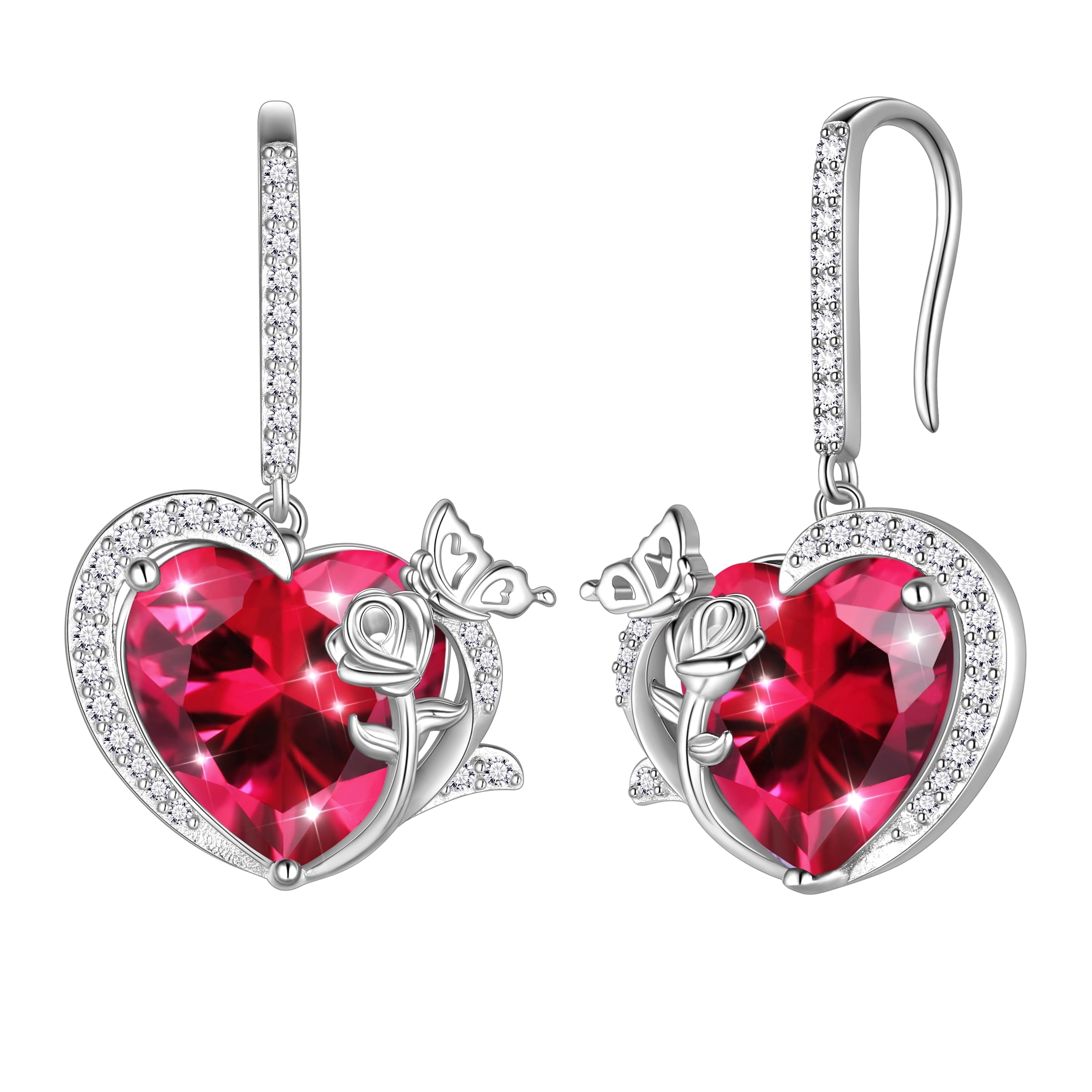 Women July Birthstone Drop Earrings Heart Ruby Red Butterfly Flower Jewelry Hook 925 Sterling Silver Earring Mother Valentine's Day Gift - Aurora Tears