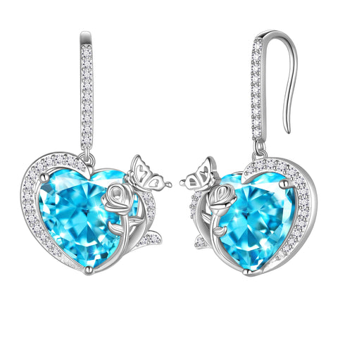 Women March Birthstone Drop Dangle Earrings Heart Aquamarine Blue Butterfly Flower 925 Sterling Silver Hook Jewelry Mother Birthday Gift - Aurora Tears