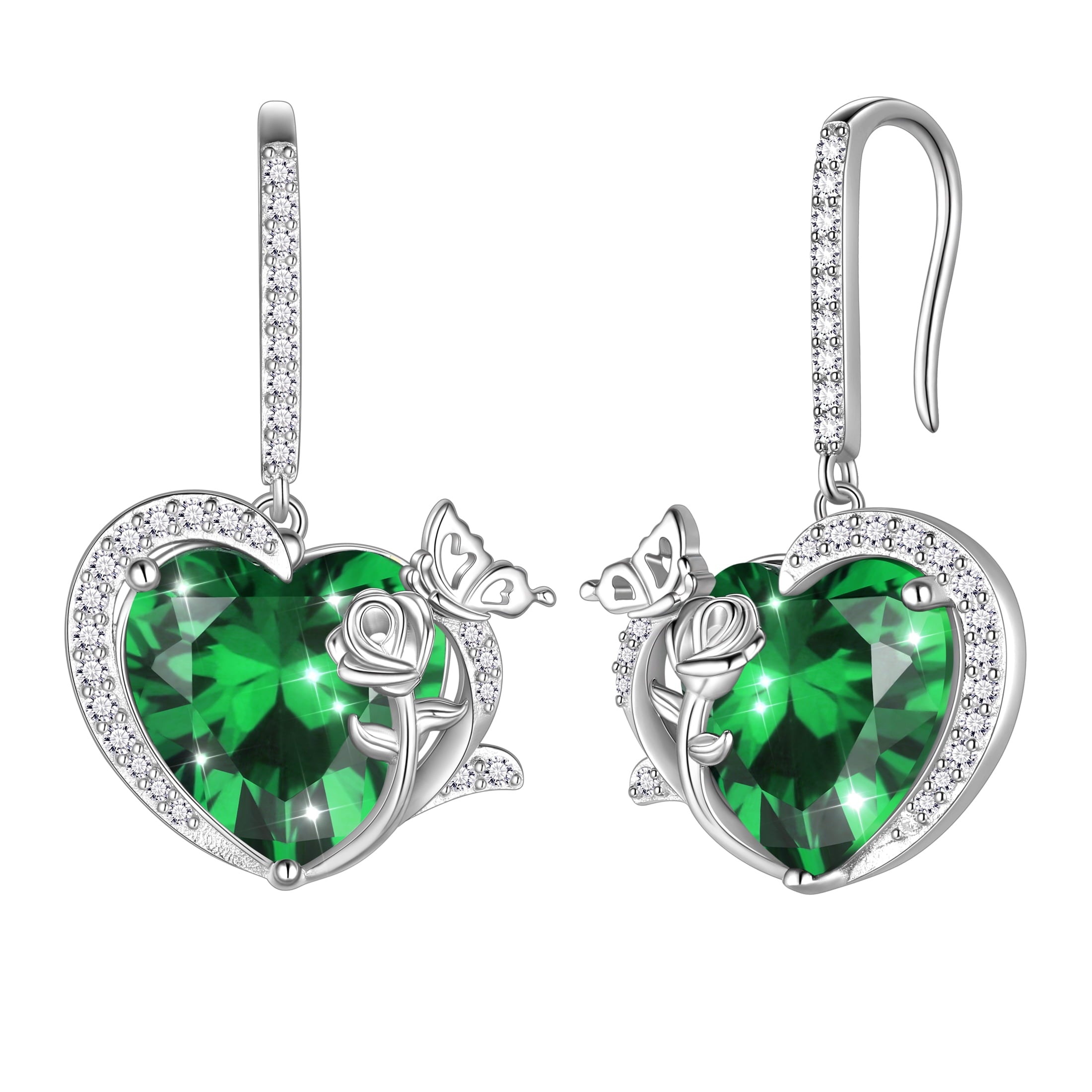 Women May Birthstone Drop Earrings Heart Emerald Green Butterfly Rose Jewelry 925 Sterling Silver Hook Earring Birthday Mother's Day Gift - Aurora Tears