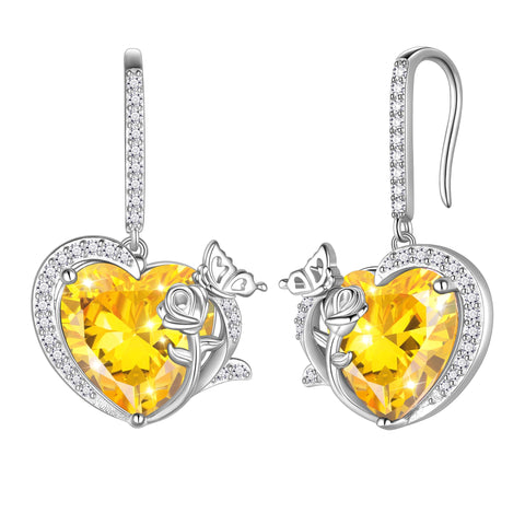 Women November Birthstone Drop Earrings Heart Citrine Yellow Butterfly Rose Jewelry 925 Sterling Silver Hook Mom Christmas Birthday Gift - Aurora Tears