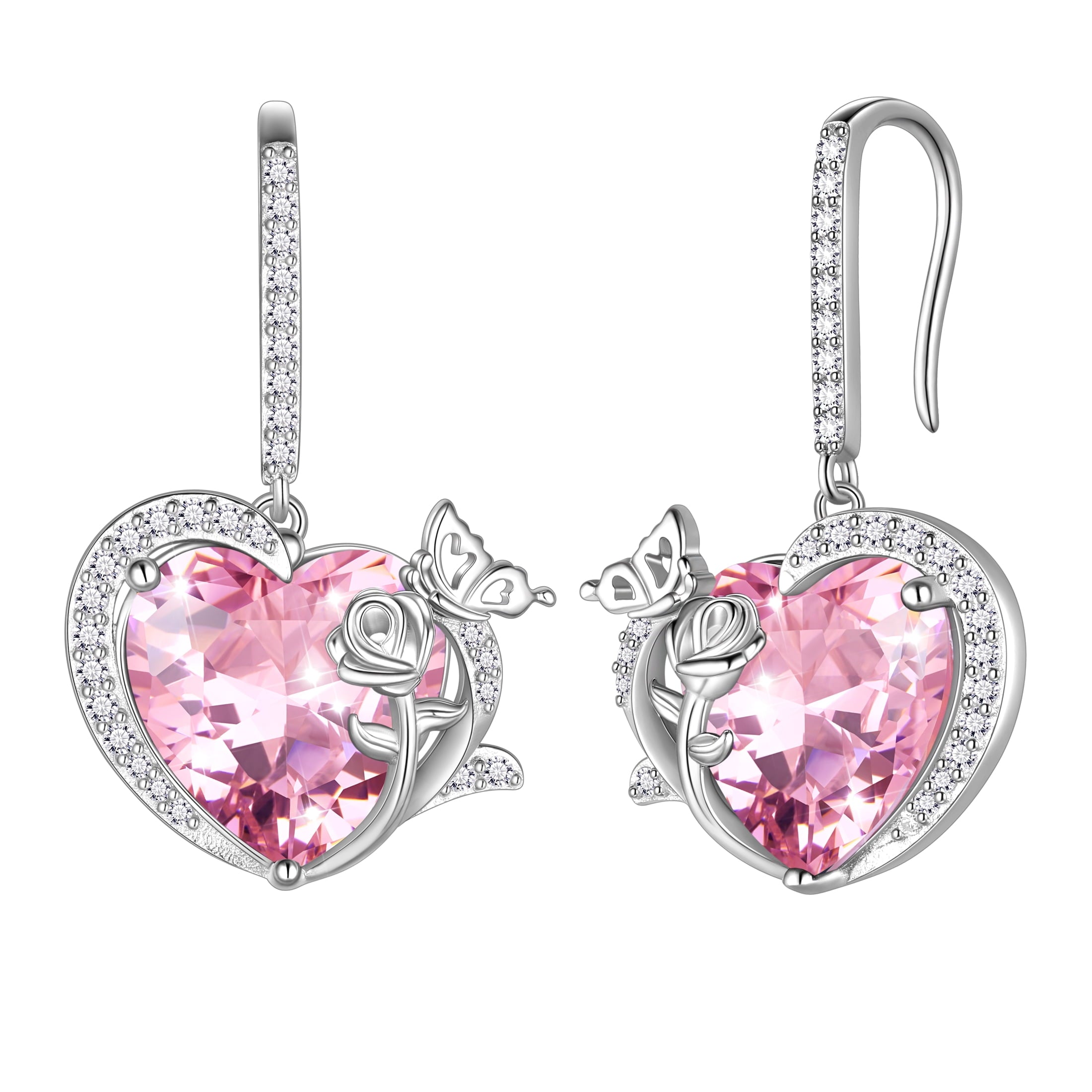 Women October Birthstone Drop Earrings Heart Tourmaline Pink Butterfly Rose Jewelry 925 Sterling Silver Hook Mother Christmas Valentine's Day Gift - Aurora Tears