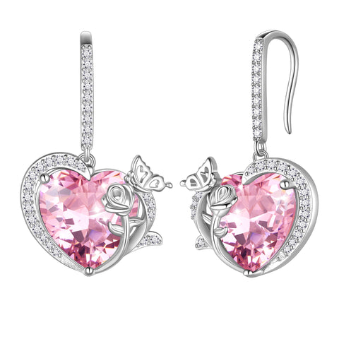Women October Birthstone Drop Earrings Heart Tourmaline Pink Butterfly Rose Jewelry 925 Sterling Silver Hook Mother Christmas Valentine's Day Gift - Aurora Tears
