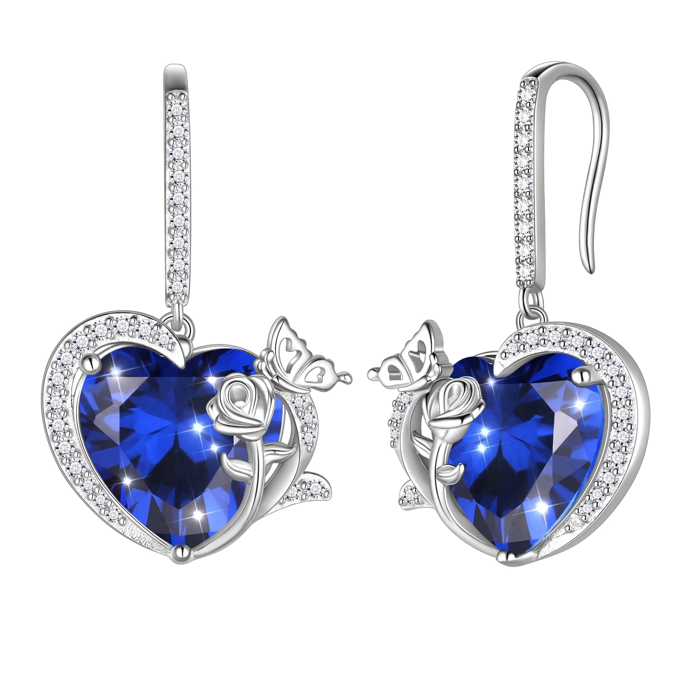 Women September Birthstone Drop Earrings Heart Blue Sapphire Butterfly Flower Jewelry 925 Sterling Silver Hook Earring Mother's Day Gift - Aurora Tears