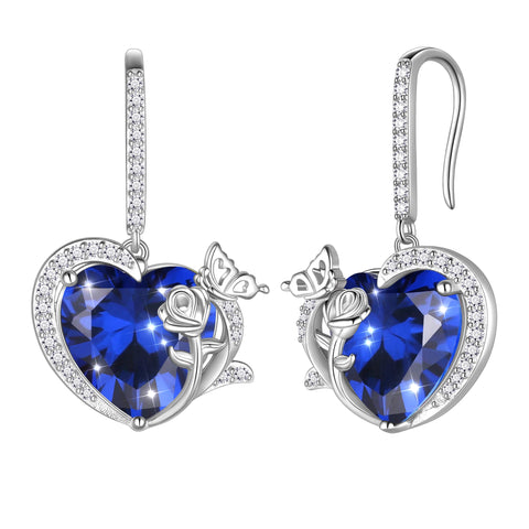Women September Birthstone Drop Earrings Heart Blue Sapphire Butterfly Flower Jewelry 925 Sterling Silver Hook Earring Mother's Day Gift - Aurora Tears