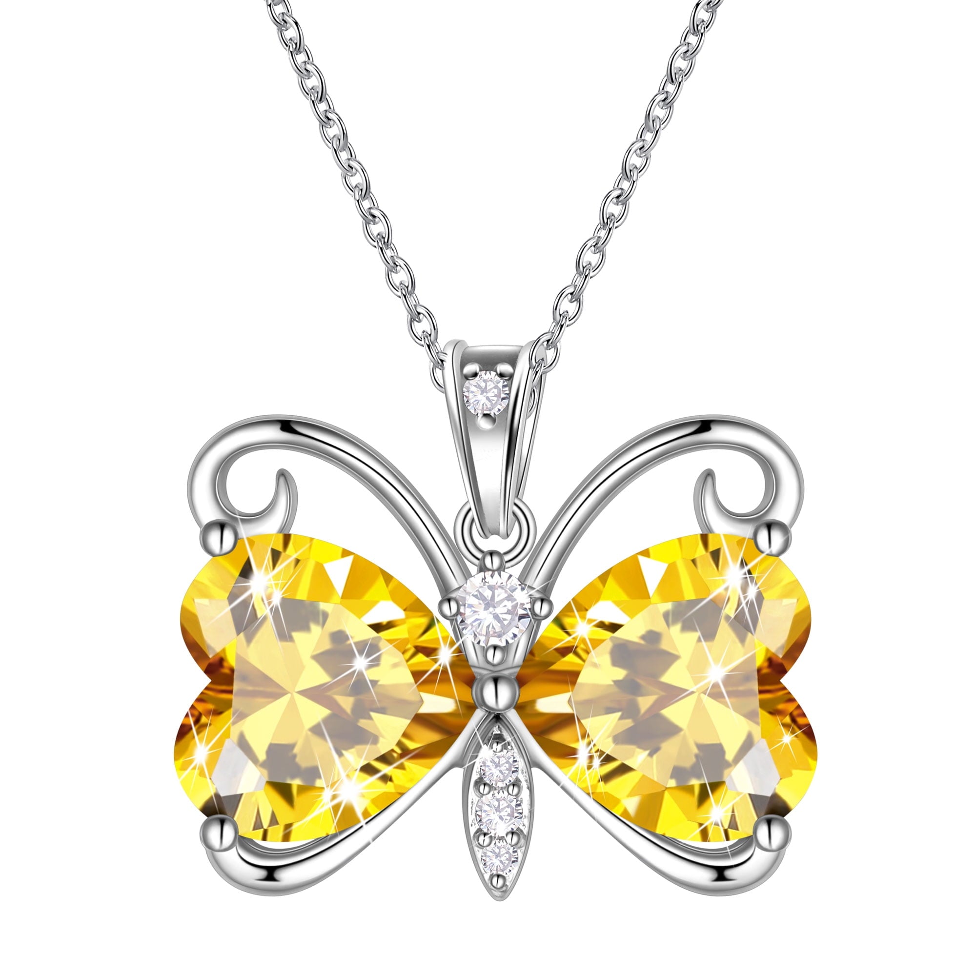 Women Yellow Butterfly Necklace Heart November Birthstone Necklace Citrine Silver Plated Pendant Jewelry Mother Wife Christmas Birthday Gift - Aurora Tears