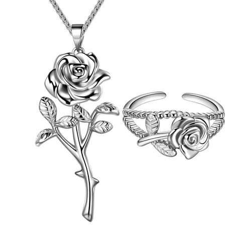 Gothic Vintage Rose Jewelry Sets Women Girls 3D Rose Flower Pendant Necklace Open Ring Dating Valentine's Day Gifts