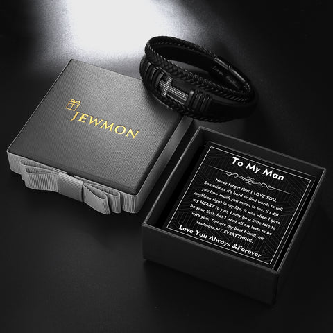Black Leather Bracelet for Men Stainless Steel Cross Wristband Bangle