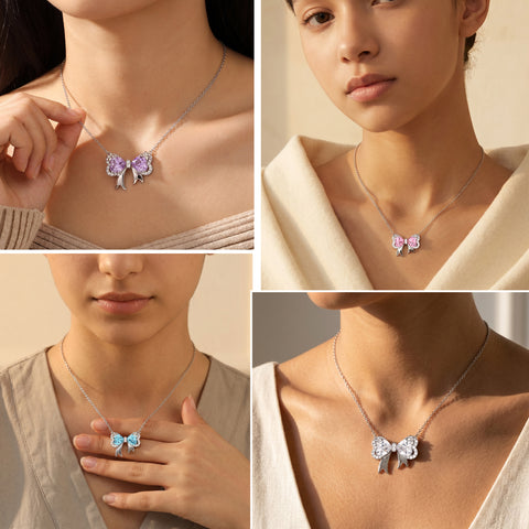 Juwaliy Silver Plated Buttefly Necklace for Women, Birthstone Bow Pendant Jewelry Christmas Birthday Valentine's Day Gift for Her