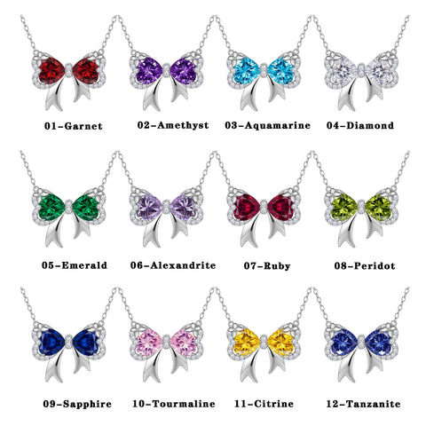 Juwaliy Silver Plated Buttefly Necklace for Women, Birthstone Bow Pendant Jewelry Christmas Birthday Valentine's Day Gift for Her