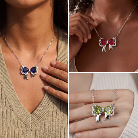 Juwaliy Silver Plated Buttefly Necklace for Women, Birthstone Bow Pendant Jewelry Christmas Birthday Valentine's Day Gift for Her