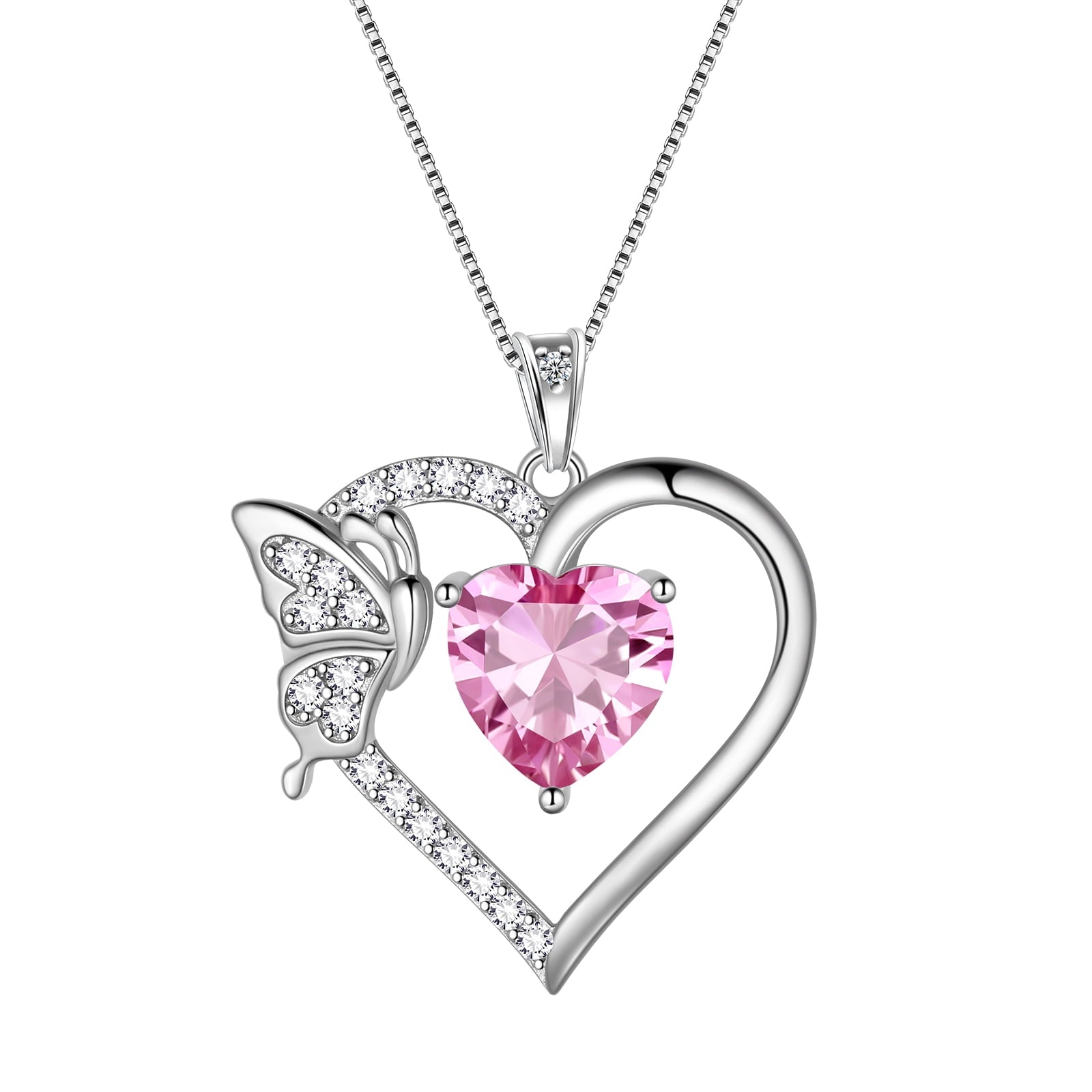 Women Pink Heart Necklace Butterfly October Birthstone Necklace Tourmaline CZ 925 Sterling Silver Pendant Jewelry Birthday Valentine's Day Gift - Aurora Tears