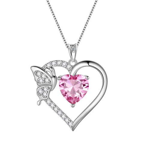 Women Pink Heart Necklace Butterfly October Birthstone Necklace Tourmaline CZ 925 Sterling Silver Pendant Jewelry Birthday Valentine's Day Gift - Aurora Tears