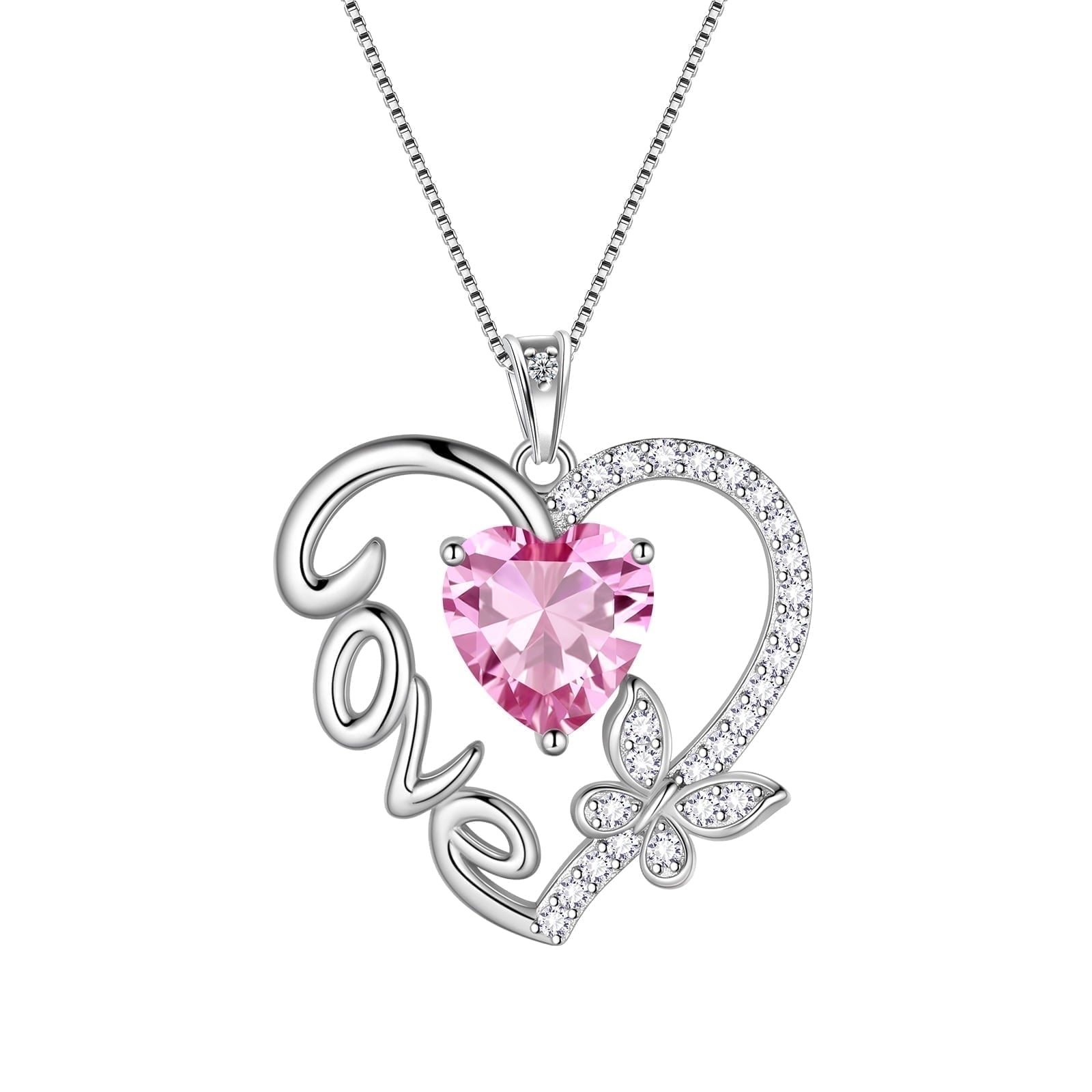 Women Pink Love Heart Necklace Butterfly October Birthstone Necklace Tourmaline 925 Sterling Silver Pendant Jewelry Mother Birthday Valentine's Day Gift - Aurora Tears