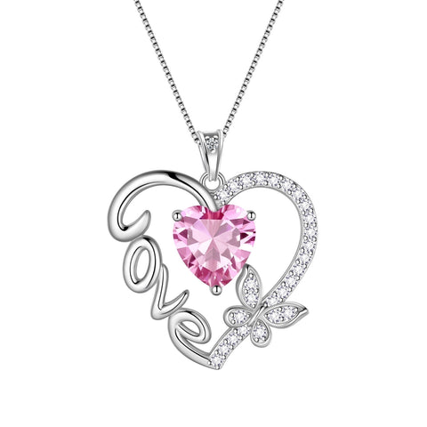 Women Pink Love Heart Necklace Butterfly October Birthstone Necklace Tourmaline 925 Sterling Silver Pendant Jewelry Mother Birthday Valentine's Day Gift - Aurora Tears