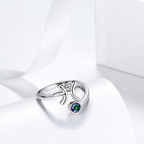 Pisces Zodiac Rings Women Girls Jewelry Birthday Gift Mystic Topaz 925 Silver
