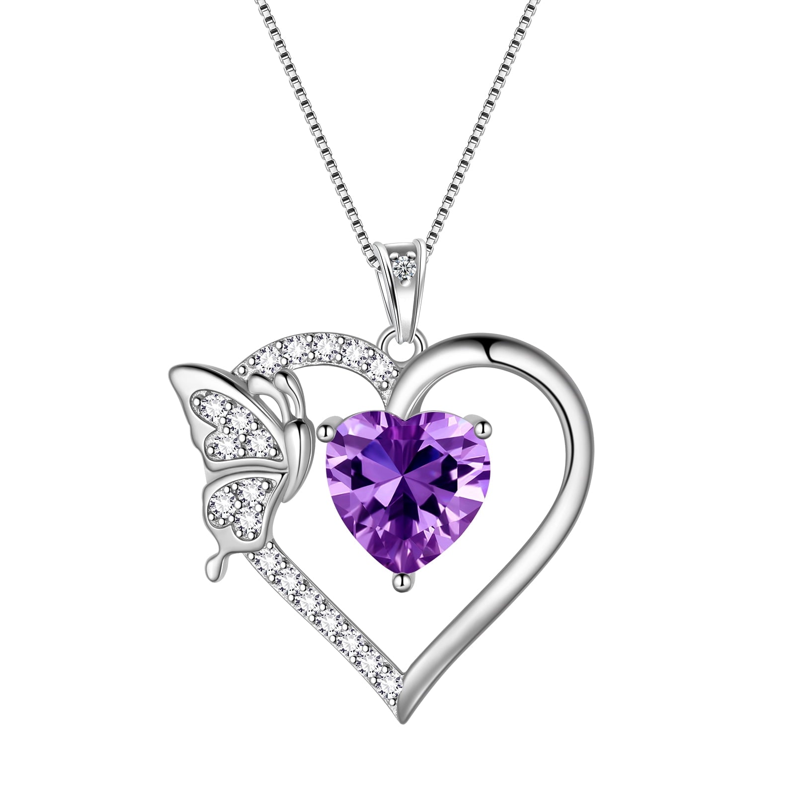 Women Purple Heart Necklace Butterfly February Birthstone Necklace Amethyst CZ 925 Sterling Silver Pendant Jewelry Birthday Valentine's Day Gift - Aurora Tears