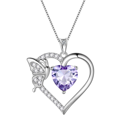 Women Purple Heart Necklace Butterfly June Birthstone Necklace Alexandrite CZ 925 Sterling Silver Pendant Jewelry Birthday Mother's Day Gifts - Aurora Tears