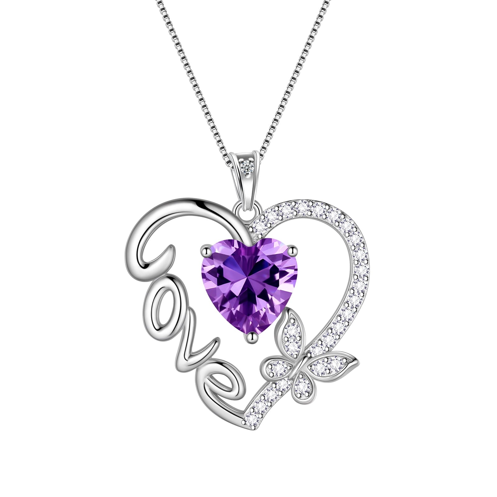 Women Purple Love Heart Necklace Butterfly February Birthstone Necklace Amethyst 925 Sterling Silver Pendant Jewelry Mom Birthday Valentine's Day Gift - Aurora Tears