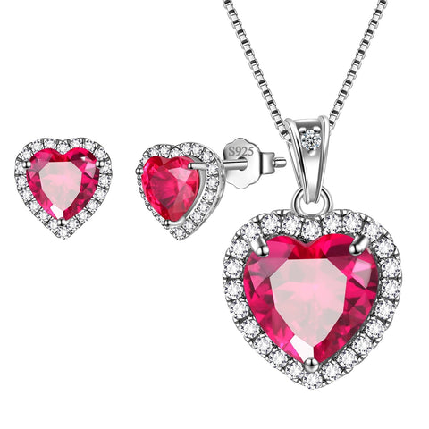 Hearts Jewelry Sets 3PCS 925 Sterling Silver Birthstone Necklace Earrings for Women Girls - Aurora Tears Jewelry